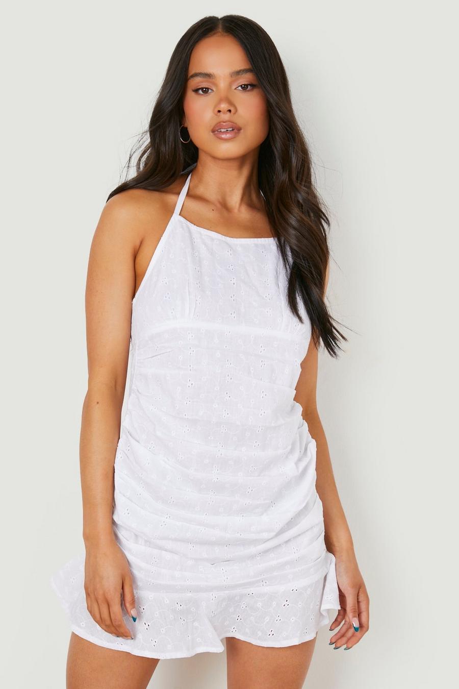 White blanc Petite Broderie Ruched Side Halter Mini Dress