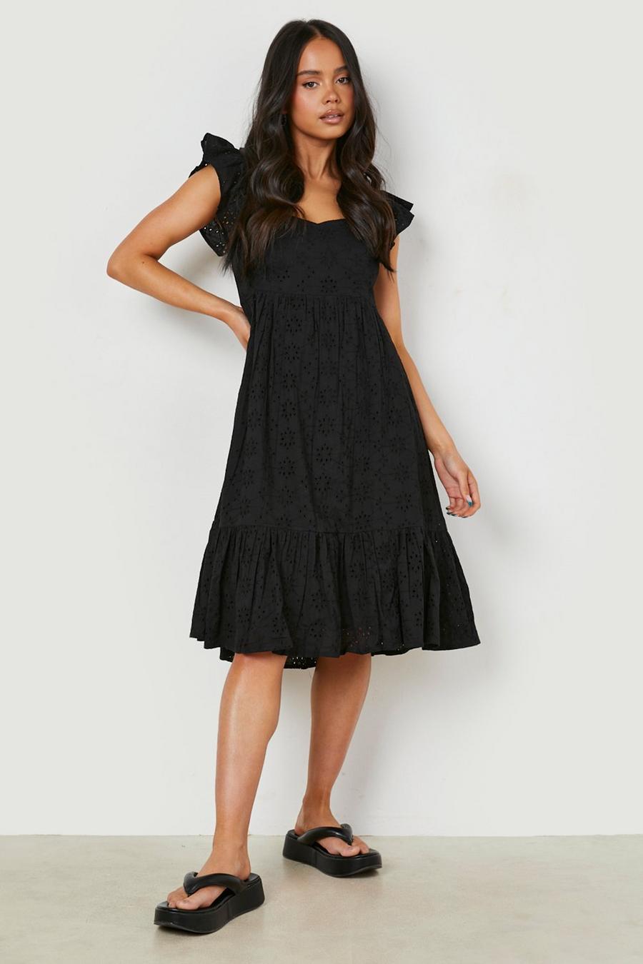 Black שמלת ברדו מידי מבד רקום עם שרוולים תפוחים, פטיט image number 1
