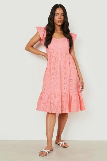 Coral Pink Petite Broderie Puff Sleeve Bardot Midi Dress