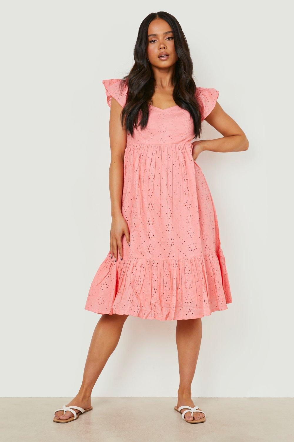 Petite Broderie Puff Sleeve Bardot Midi Dress boohoo