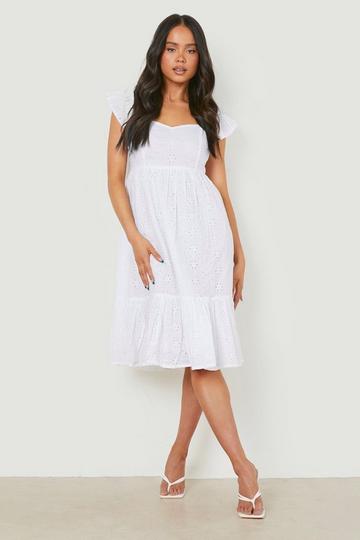 White Petite Broderie Puff Sleeve Bardot Midi Dress