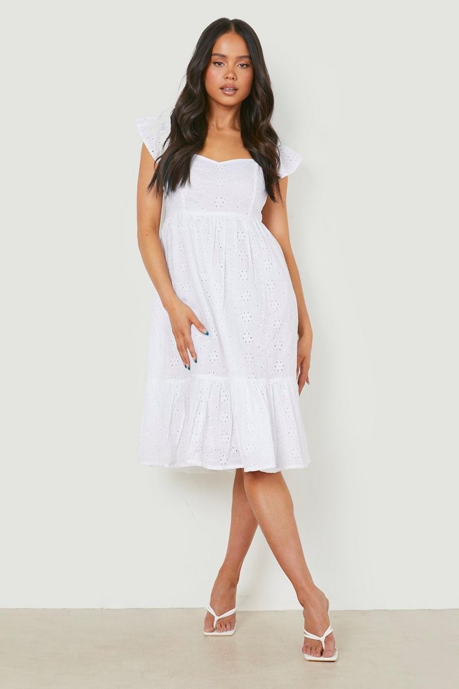 לבן שמלת ברדו מידי מבד רקום עם שרוולים תפוחים, פטיט image number 1