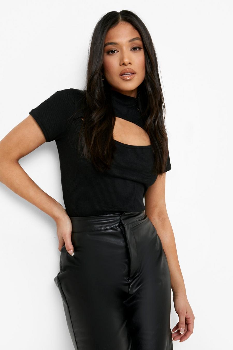 Black Petite Rib High Neck Cut Out Short Sleeve Top image number 1