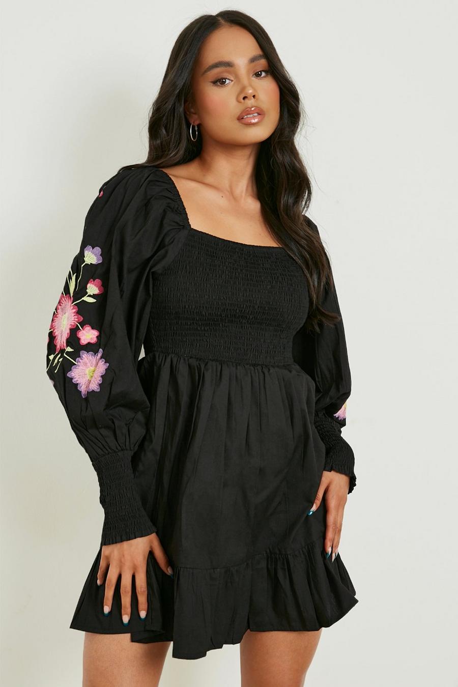 Black Petite Embroidered Puff Sleeve Shirred Dress image number 1