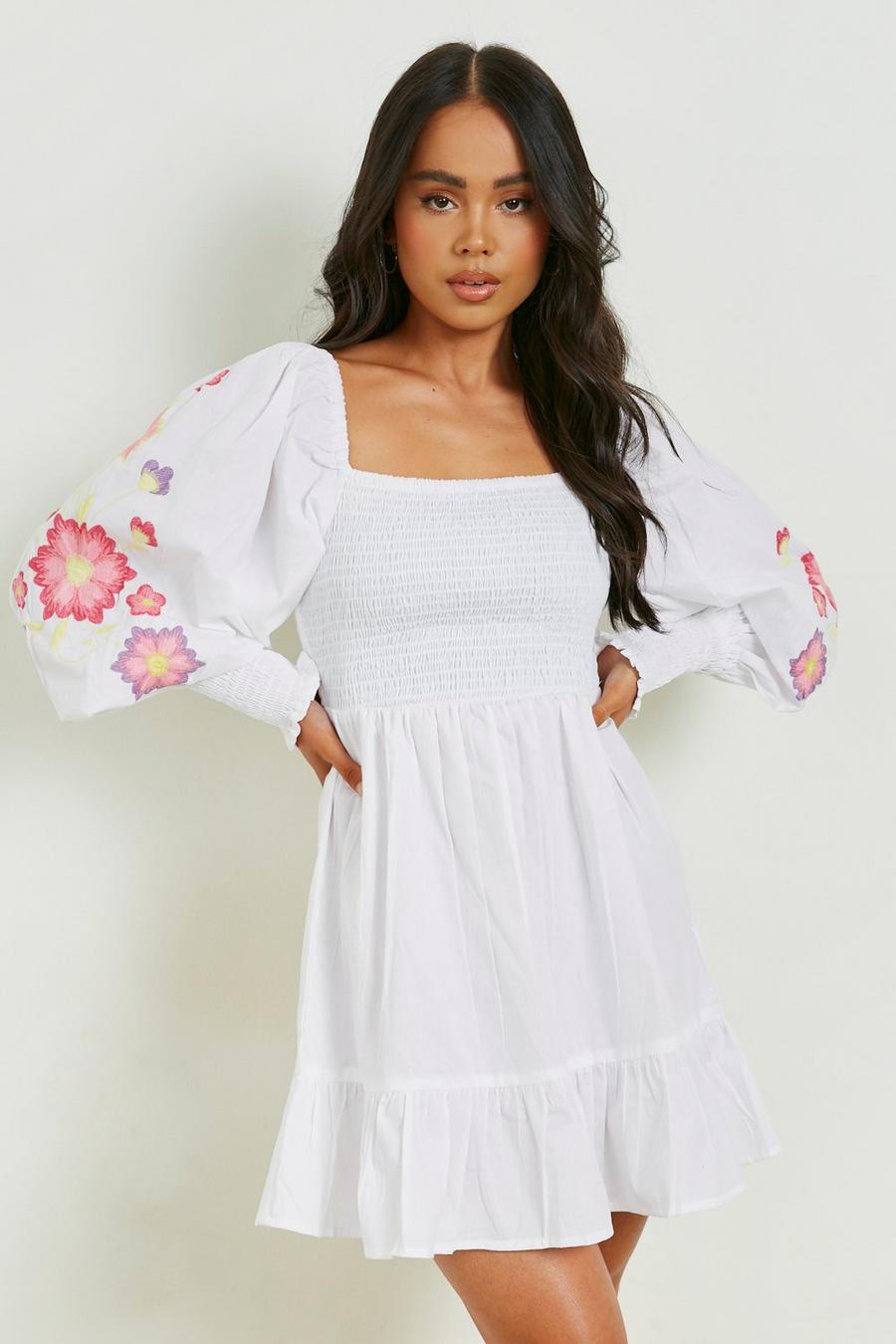 White Petite Embroidered Puff Sleeve Shirred Dress