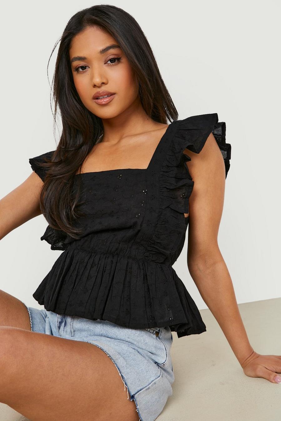Black Petite Broderie Square Neck Ruffle Crop image number 1