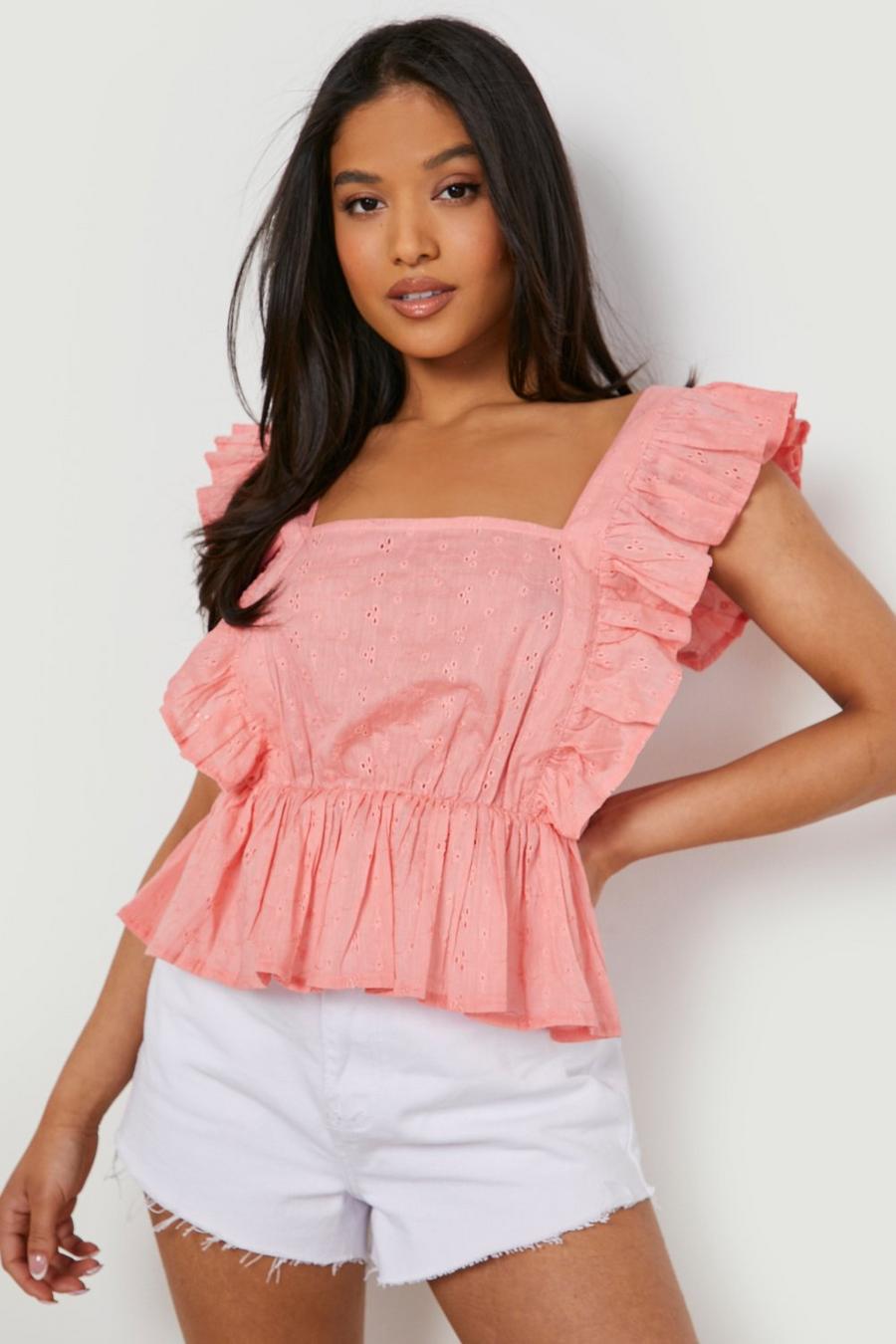Coral Petite Broderie Square Neck Ruffle Crop image number 1