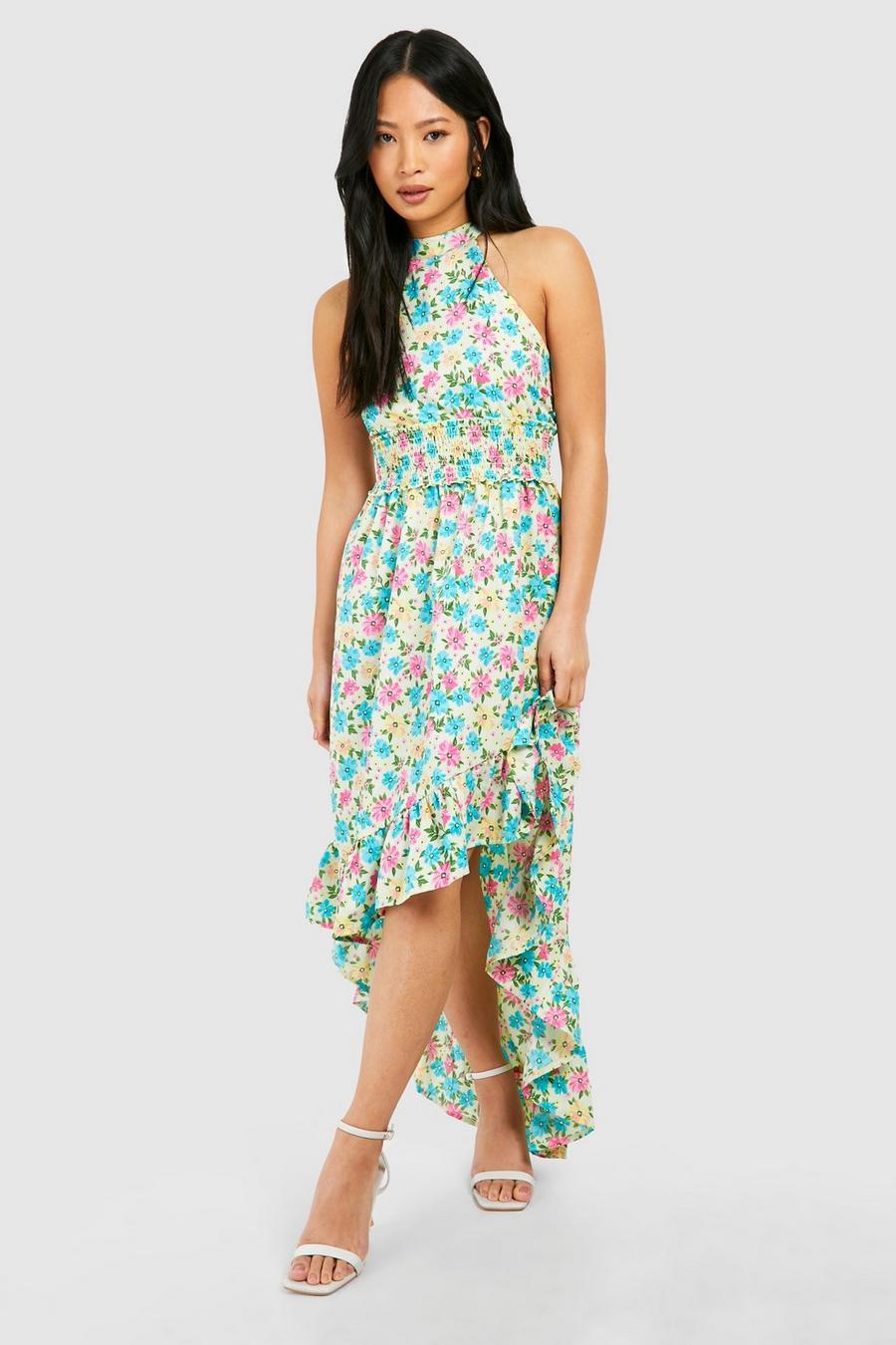 Lime green Petite Floral Ruffle Hem Shirred Waist Maxi image number 1
