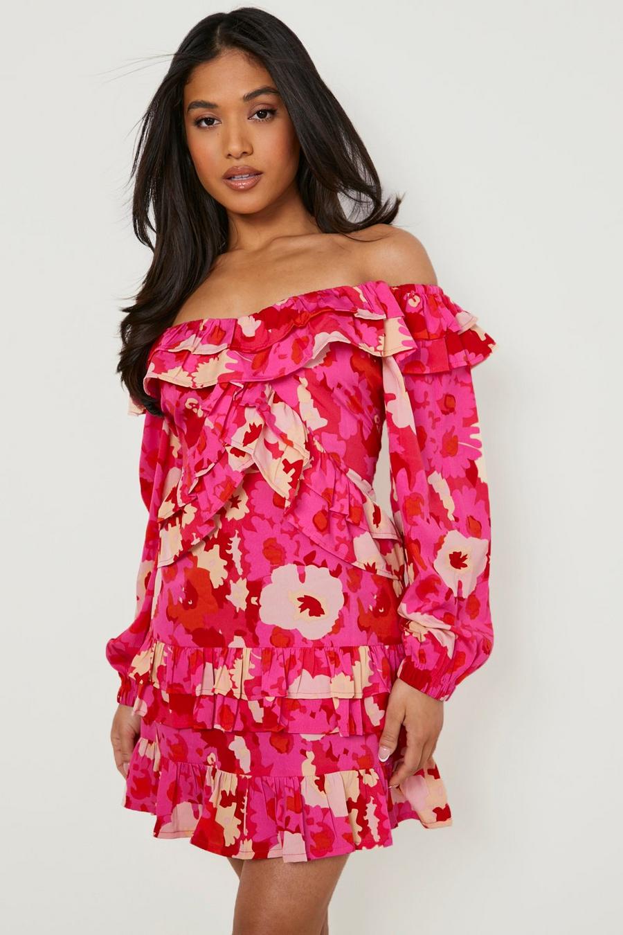 Pink Petite Floral Off Shoulder Ruffle Mini Dress