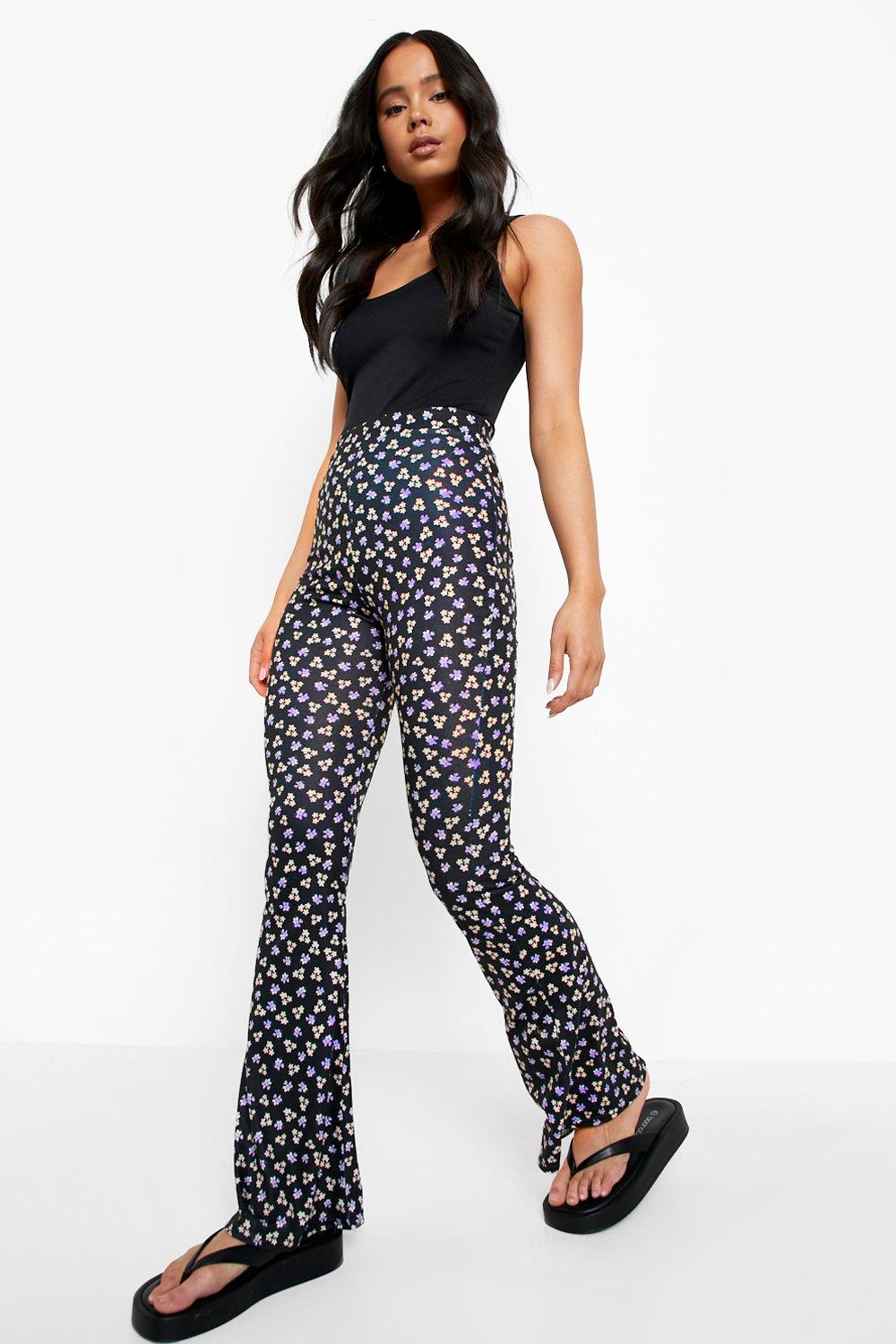 Slacks and Chinos Straight-leg trousers Boohoo Petite Ditsy Floral Print Flare Trouser in Black Womens Clothing Trousers 