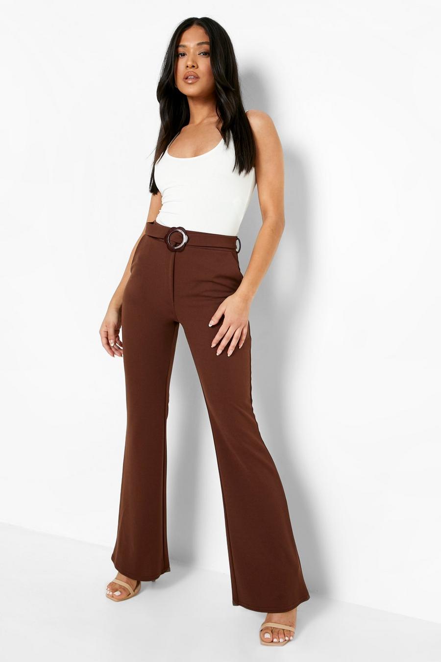 Chocolate Petite Daisy Buckle Belted Flare Trouser 
