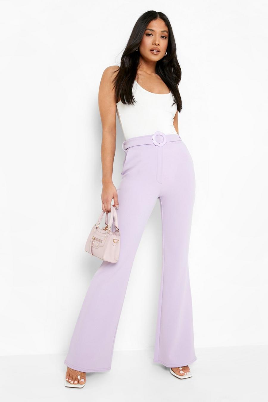 Lilac Petite Daisy Buckle Belted Flare Pants image number 1