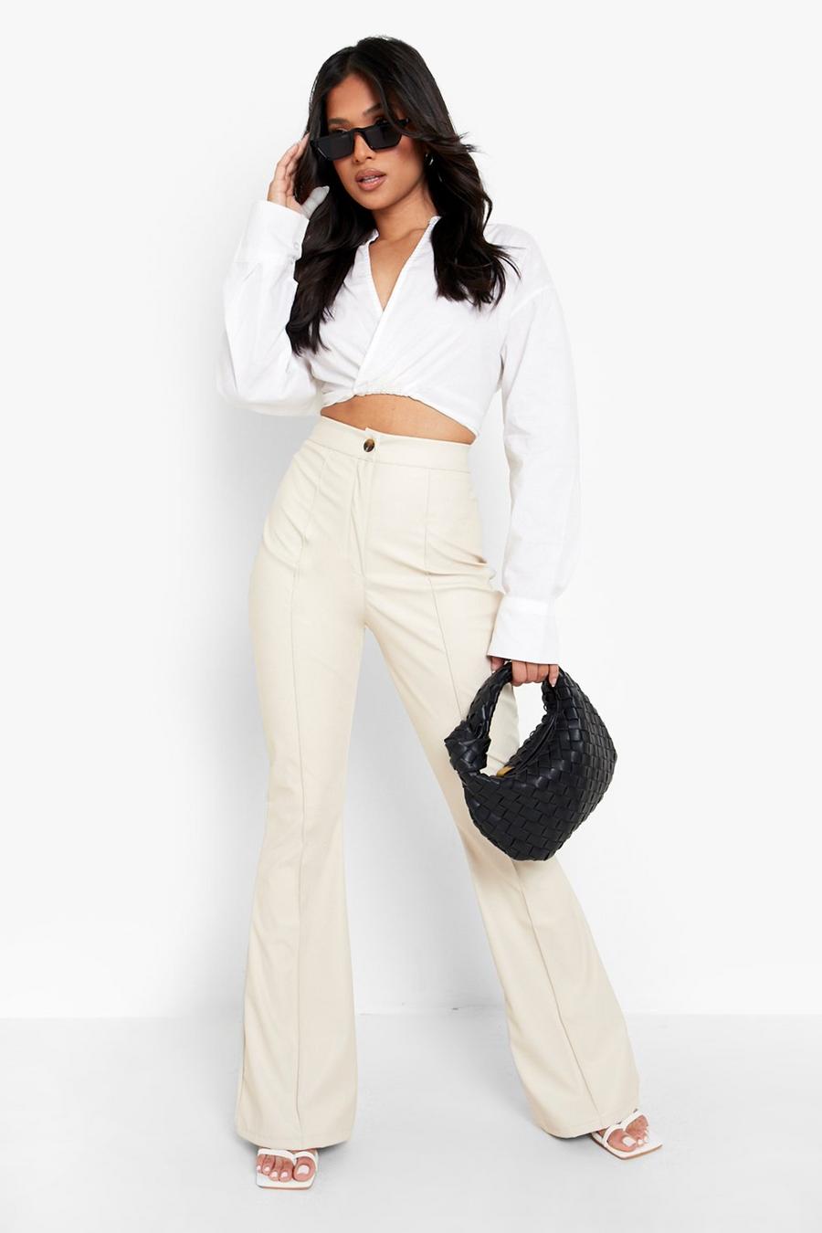 Cream Petite Pu Seam Detail Flared Tailored Trouser image number 1