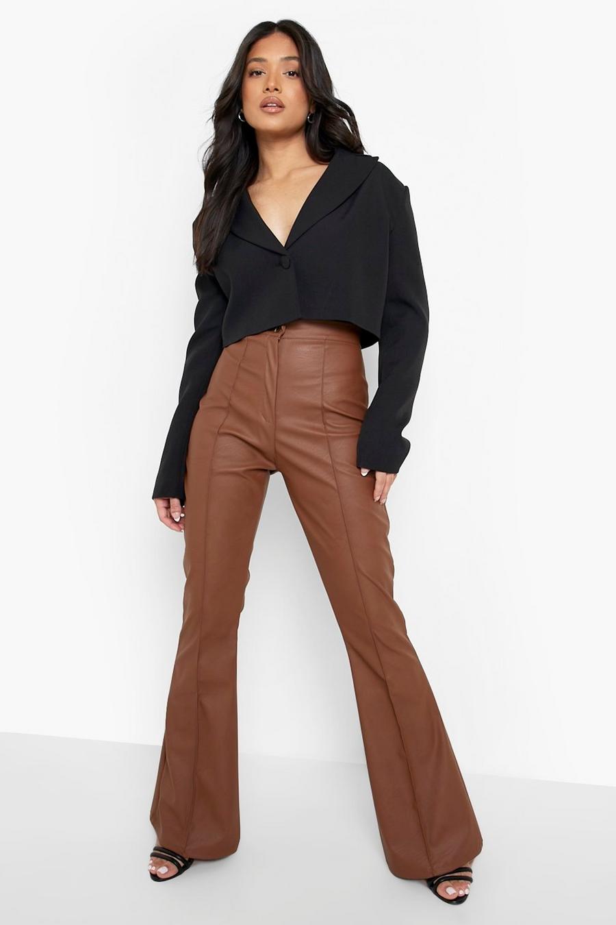 Dark brown Petite Pu Seam Detail Flared Tailored Trouser image number 1