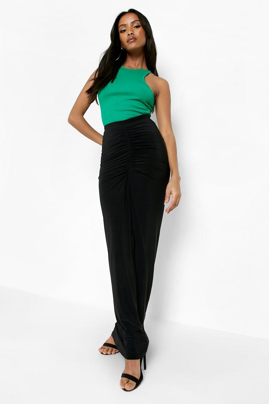 Black Petite Double Layer Slinky Ruched Maxi Skirt image number 1