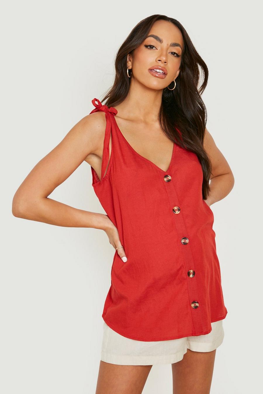 Red Maternity Linen Button Tie Camisole image number 1