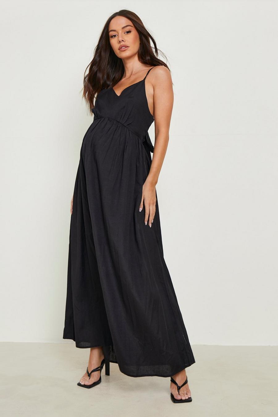 Black Maternity Linen Bow Back Maxi Dress image number 1