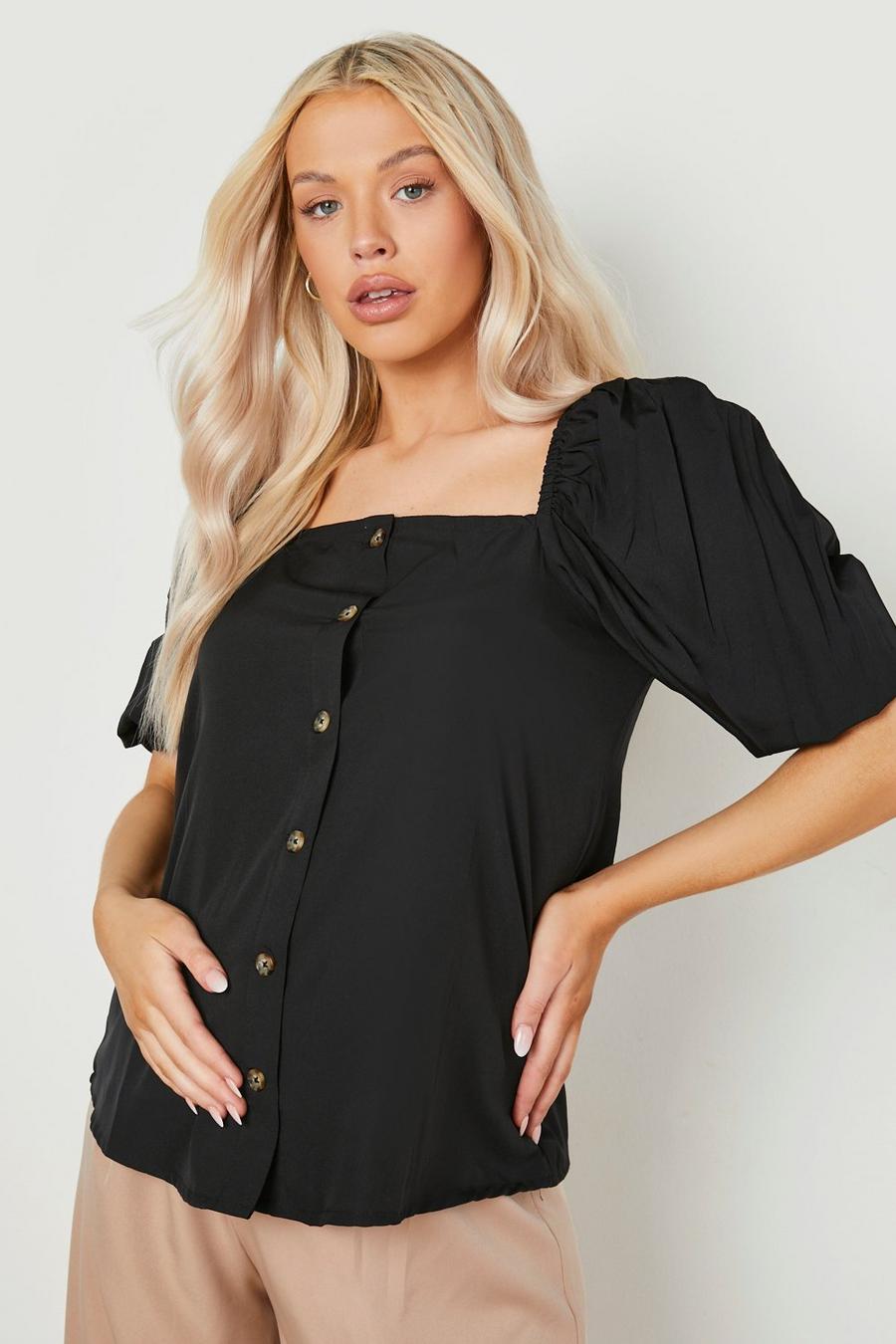 Black Maternity Button Down Puff Sleeve Top image number 1