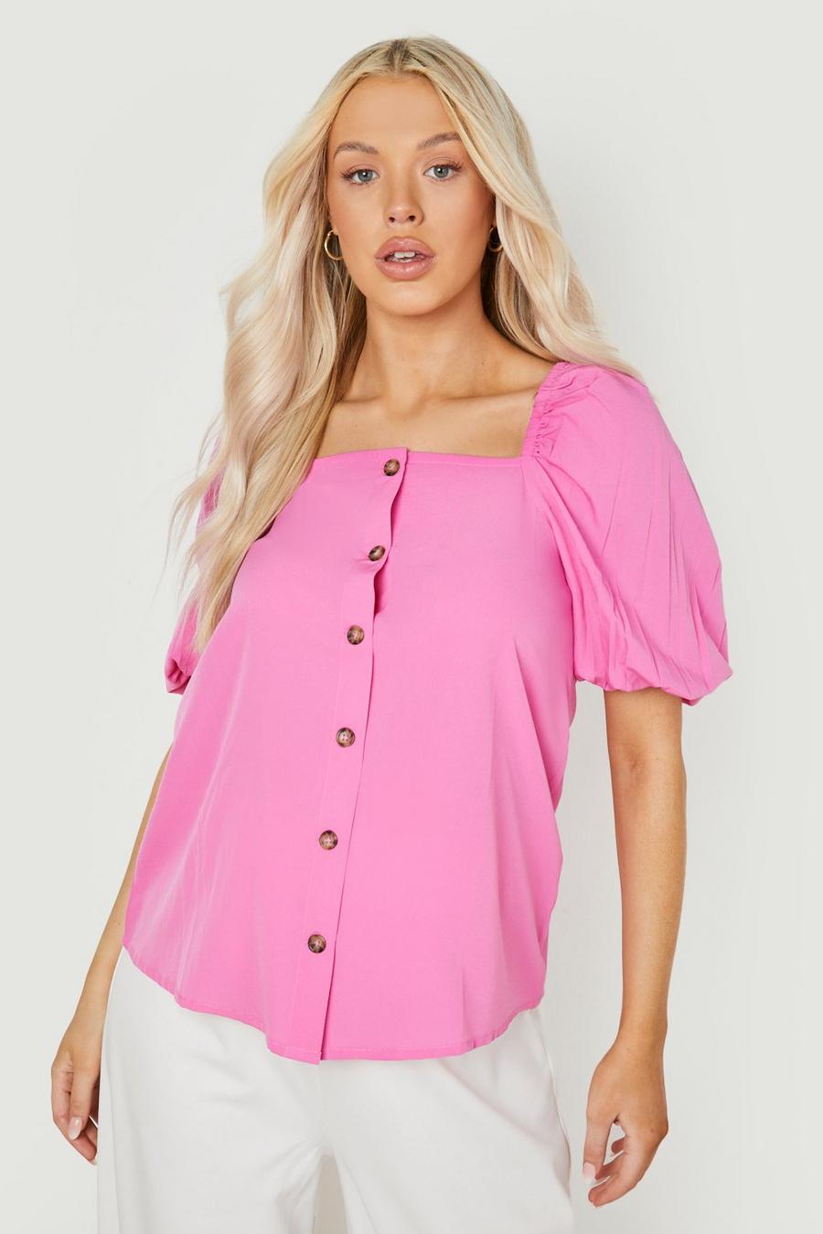 Pink Maternity Button Down Puff Sleeve Top image number 1