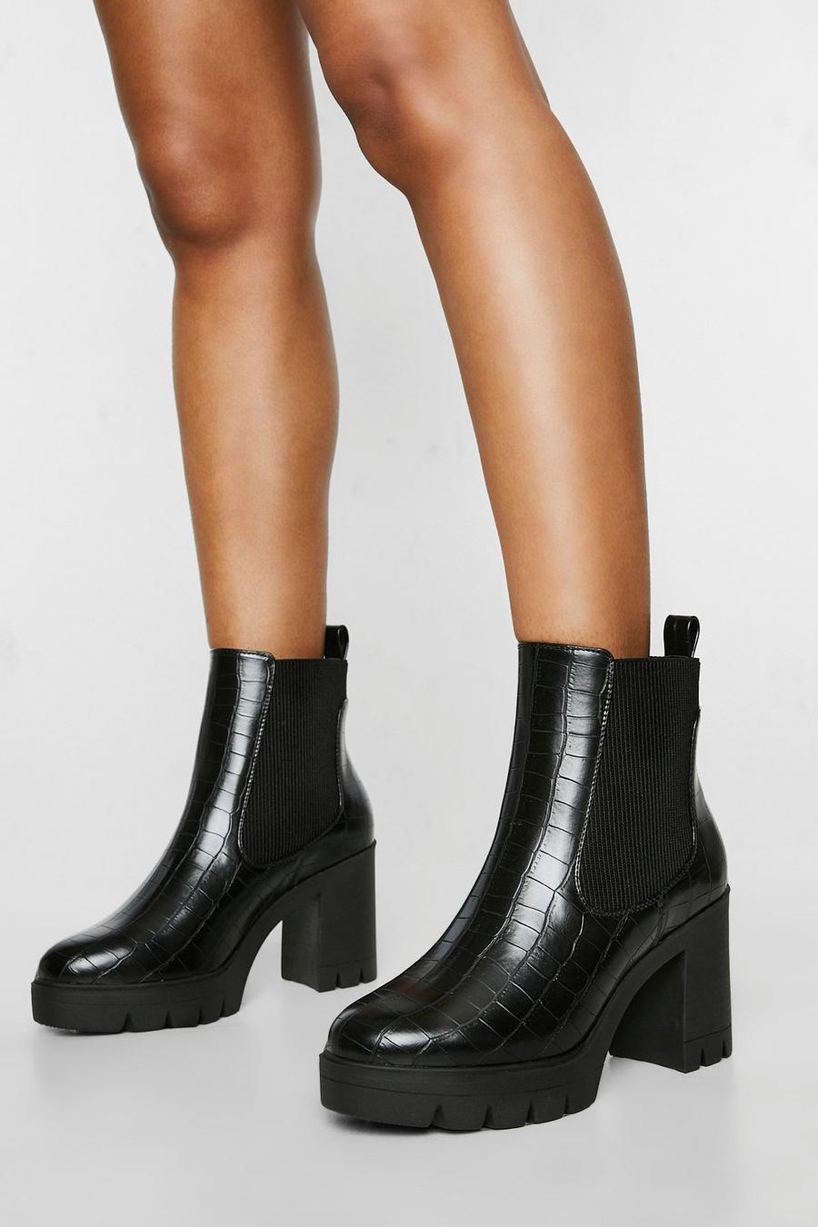 Black Wide Width Chunky Heeled Croc Chelsea Boots image number 1