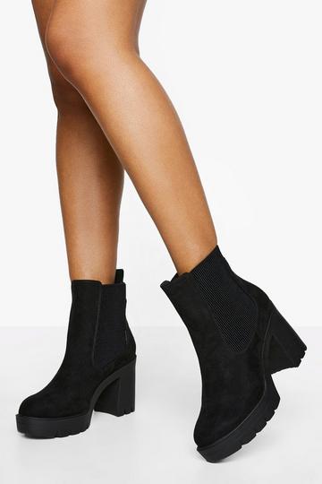 Black Wide Fit Faux Suede Chunky Heeled Chelsea Boots