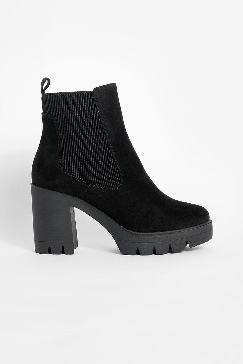 Wide fit black suedette block heel chunky sales boots