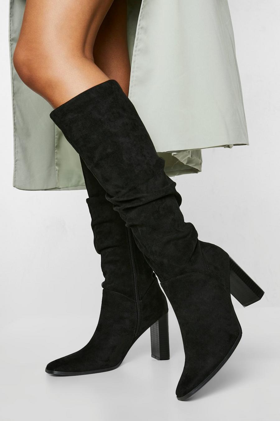 Black Ruched Block Heel Knee High Boot