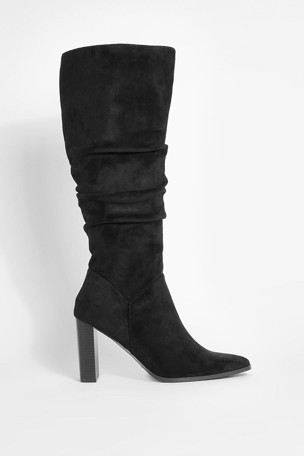 Ruched Block Heel Knee High Boot