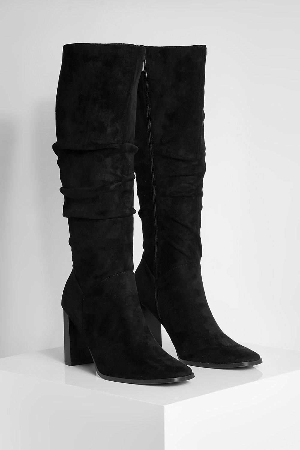 Faux Suede Ruched Block Heel Knee High Boot