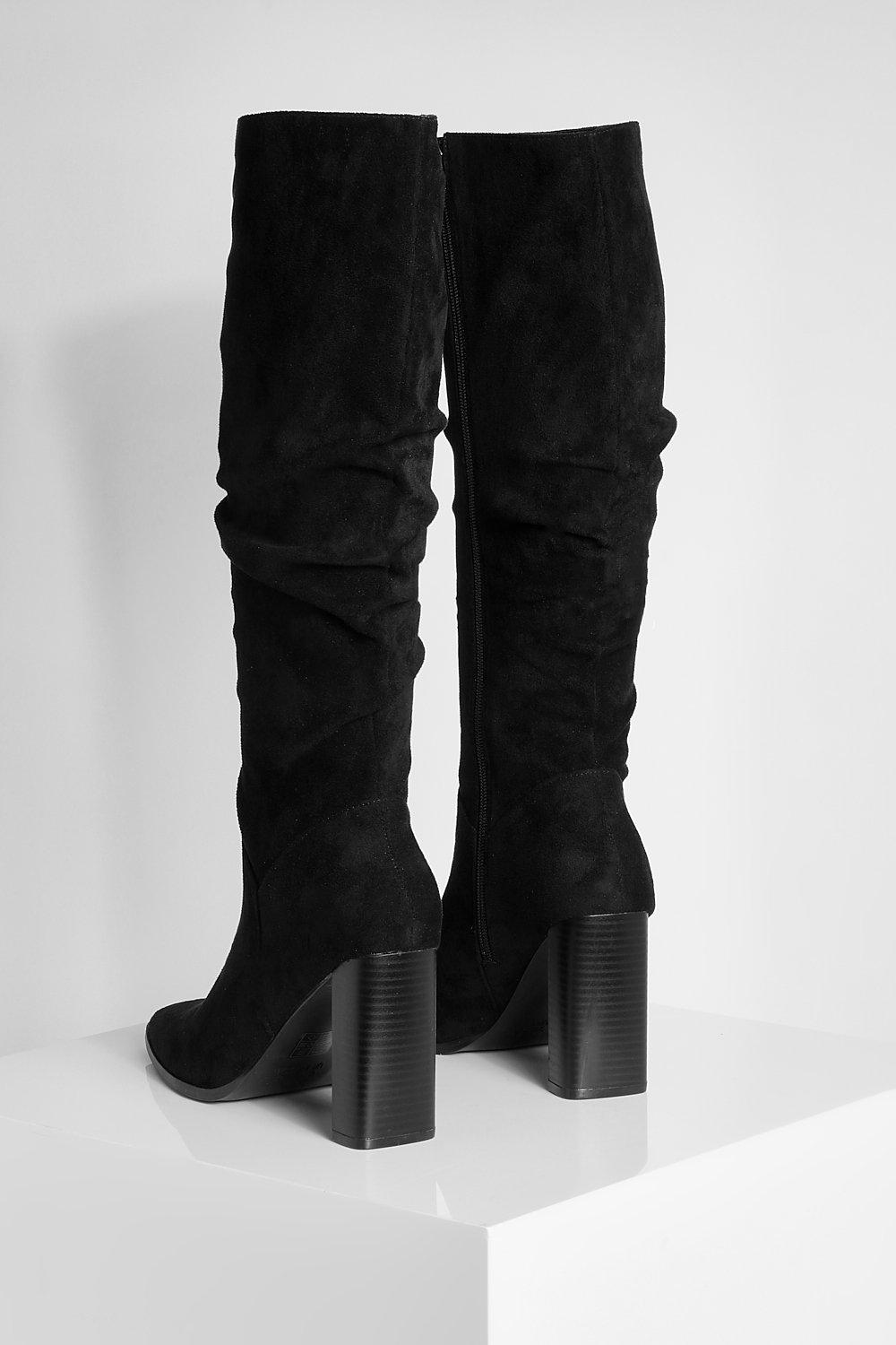 Faux Suede Ruched Block Heel Knee High Boot