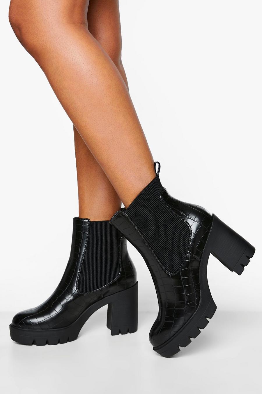 Black Chunky Heeled Croc Chelsea Boot image number 1