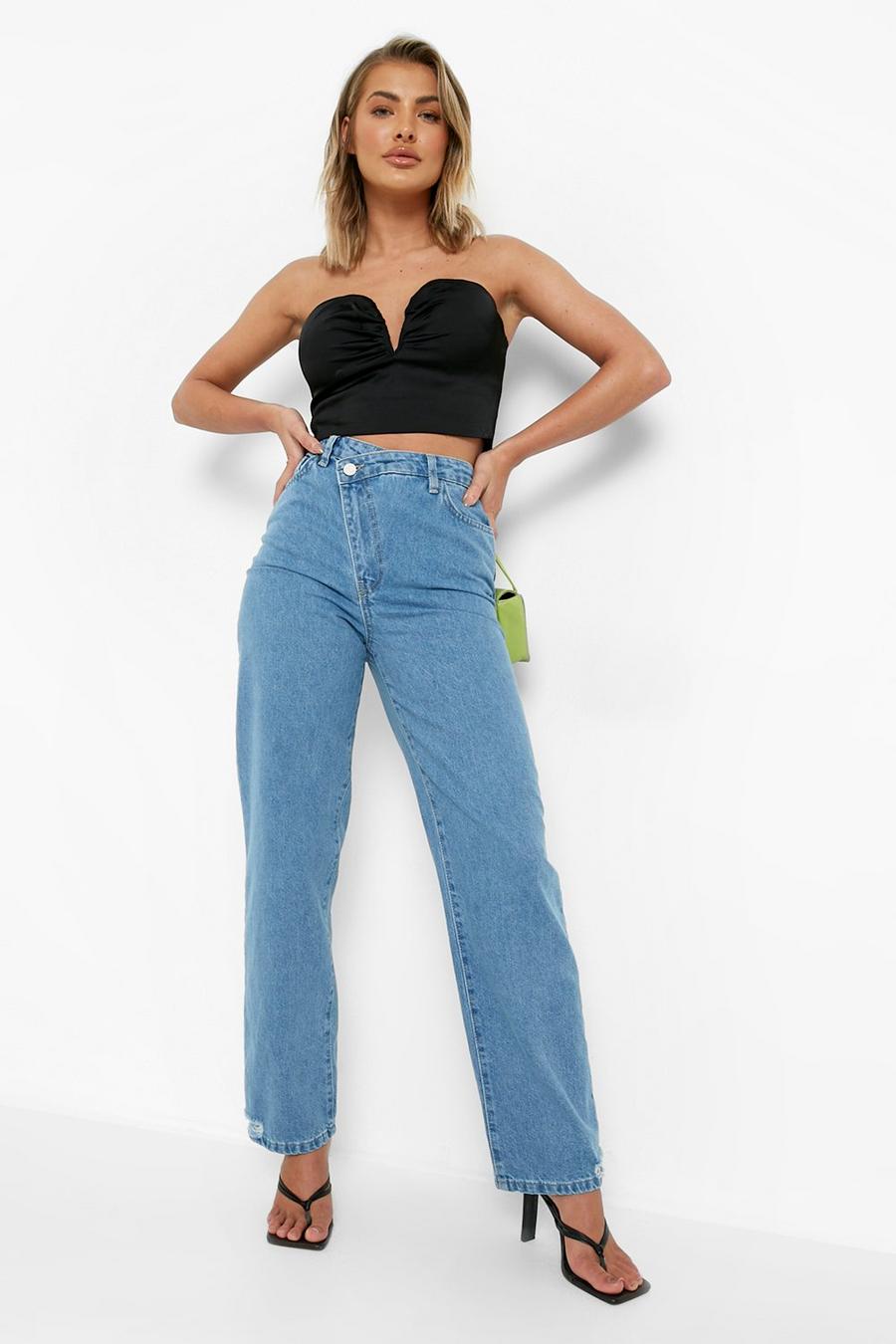 Mid wash Cross Over Waistband Distressed Hem Mom Jeans image number 1