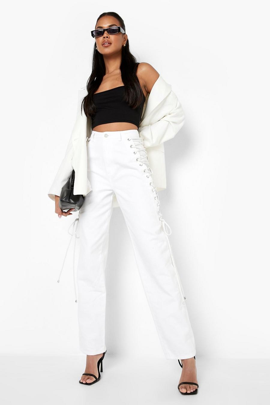 White vit Laced Up Thigh Detail Straight Jeans