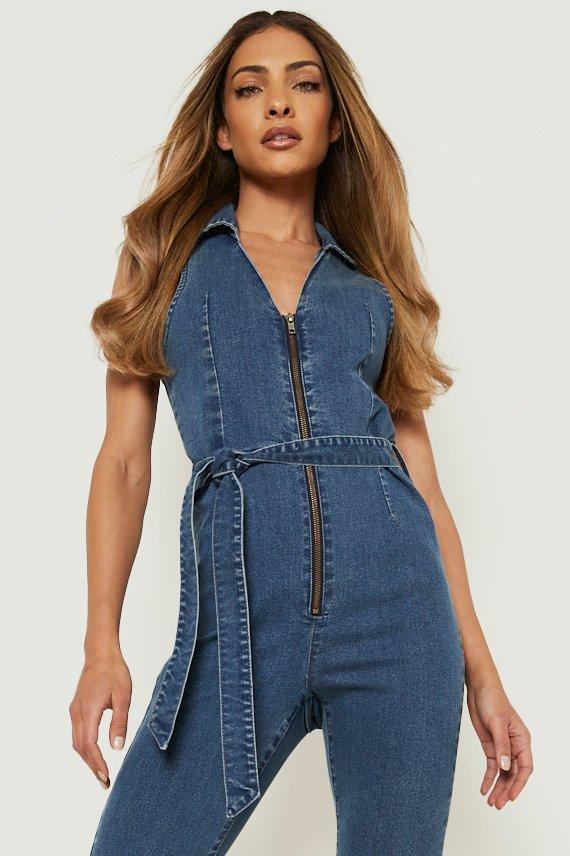 Jumpsuits, Denim Zip Front Belted Flared Jumpsuit