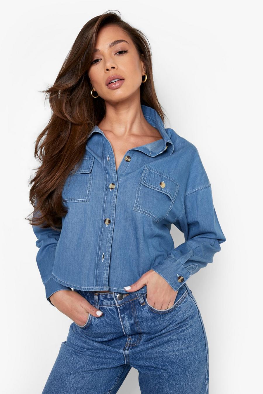 Mid wash Lightweight Cropped Denim Shirt image number 1