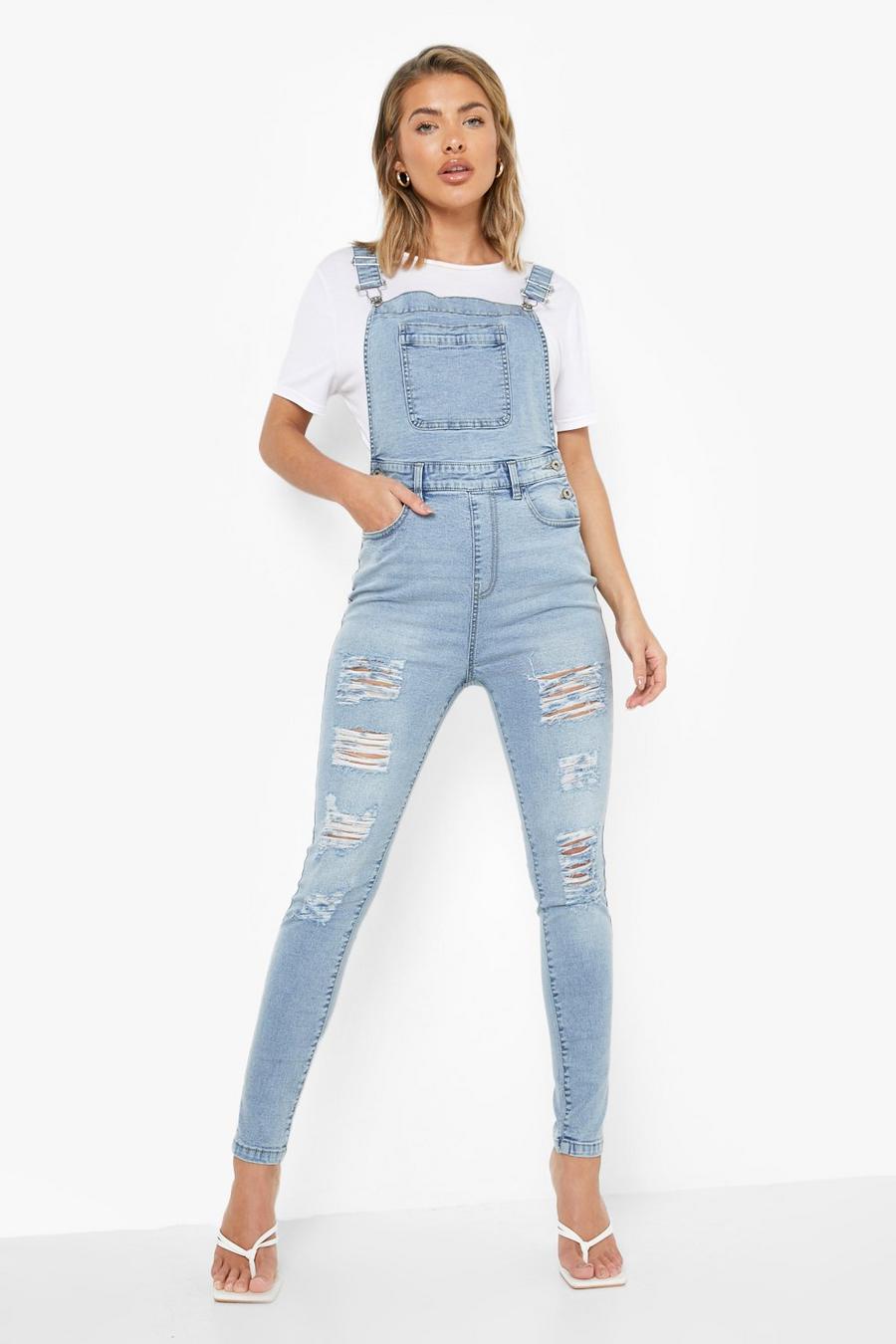 Light wash Skinny Fit Extreme Ripped Denim Dungaree image number 1