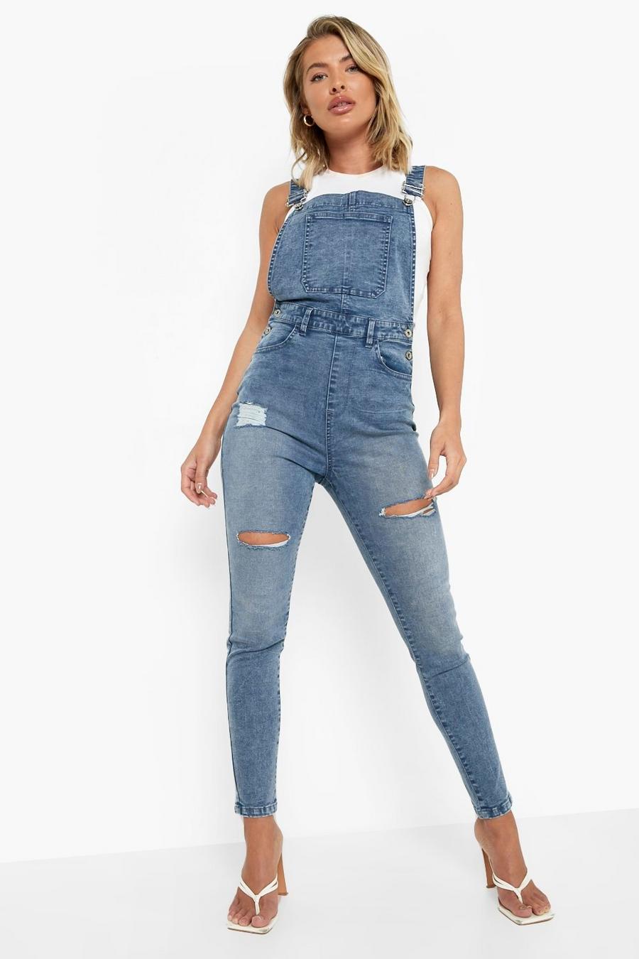 Mid blue Skinny Fit Ripped Denim Dungaree image number 1