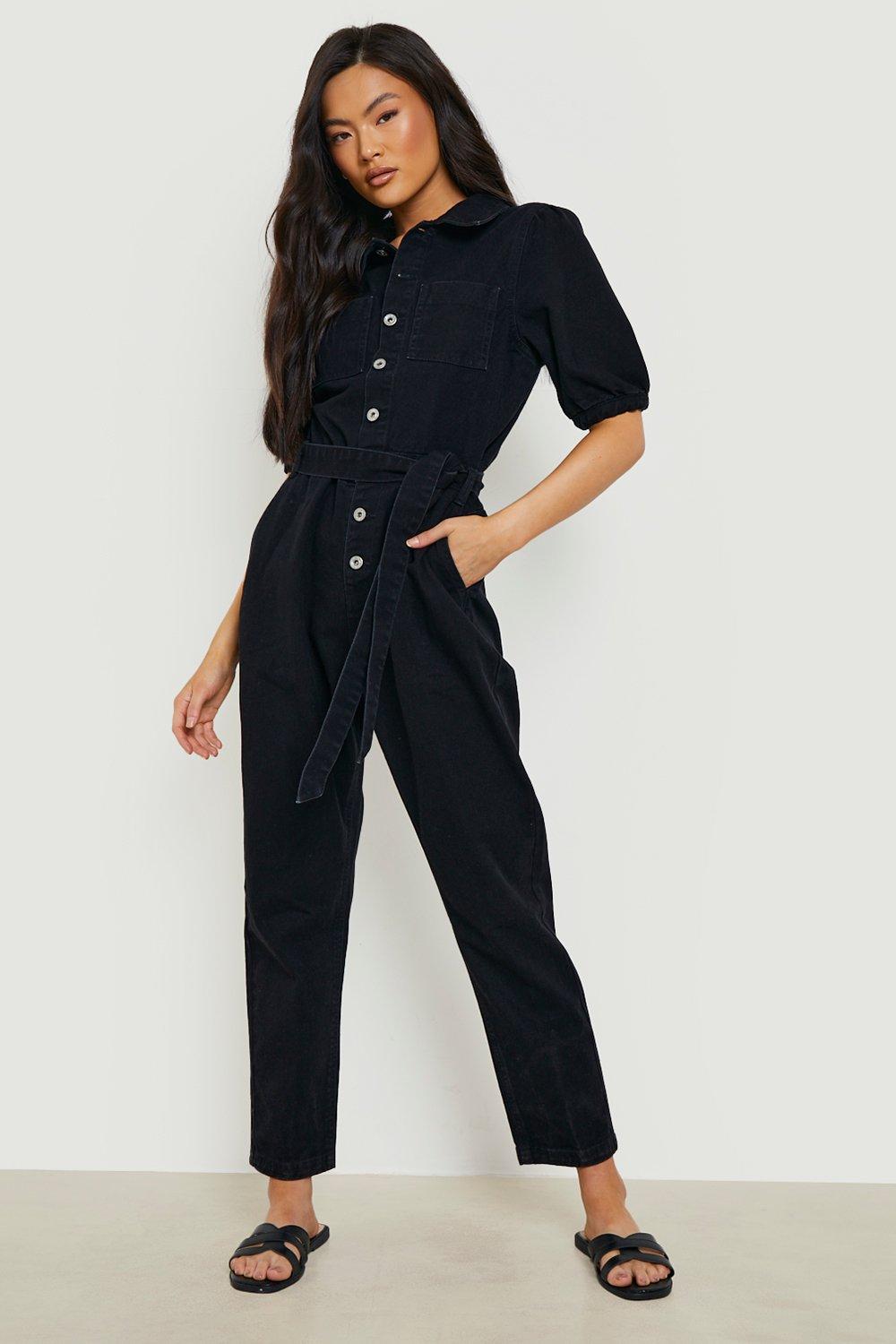 Puff Sleeve Button Front Denim Jumpsuit |