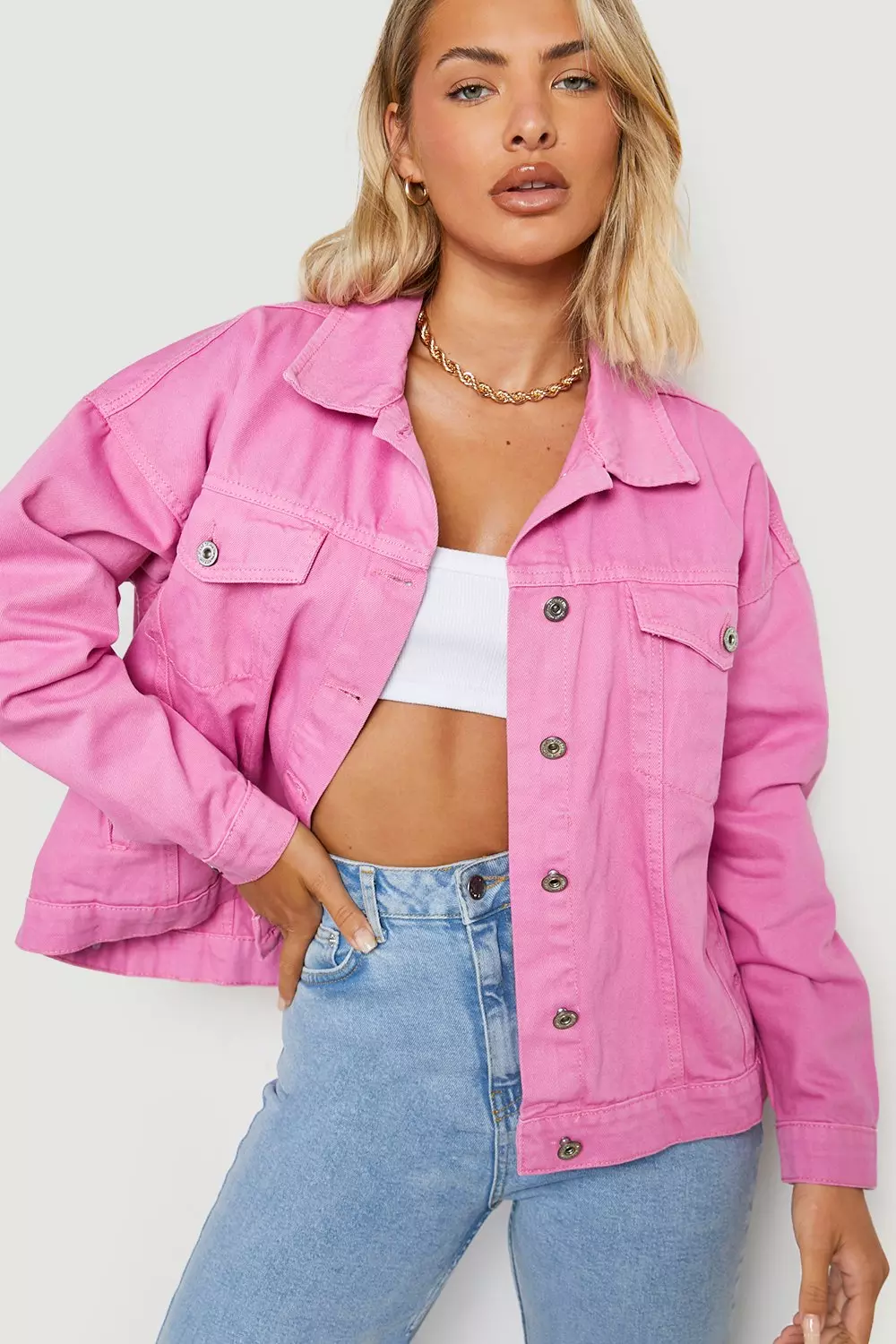 Pink denim 2024 jacket missguided