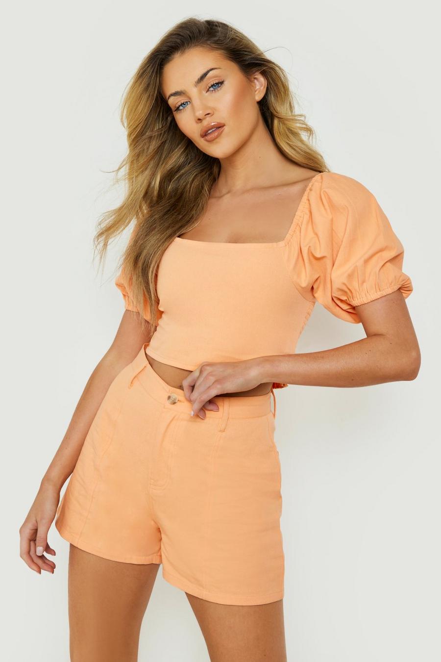 Peach orange Pleat Front High Waist Denim Shorts image number 1