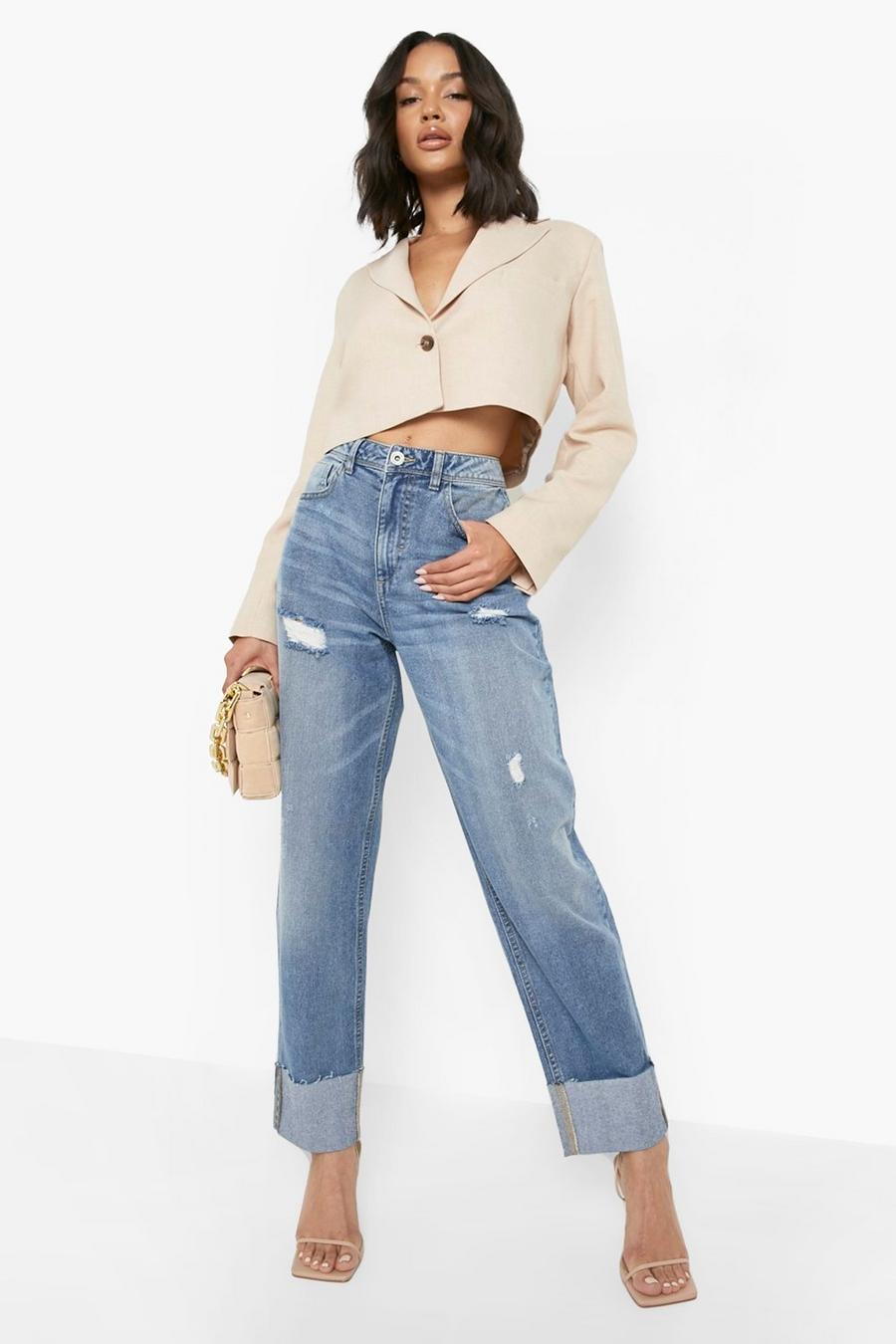 Mid blue Turn Up Cuff Ripped Mom Jeans image number 1
