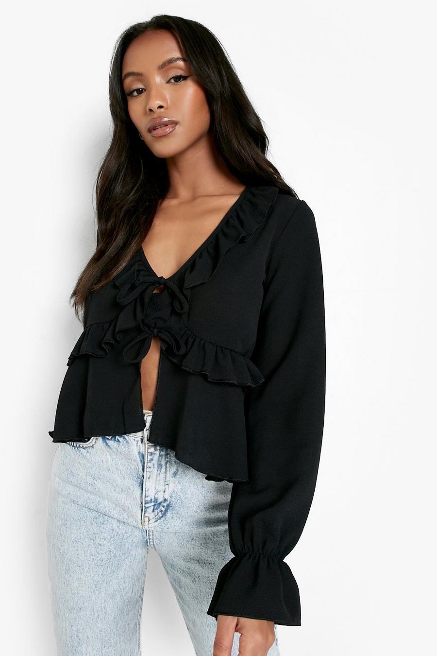 Black Petite Ruffle Detail Tie Front Blouse image number 1