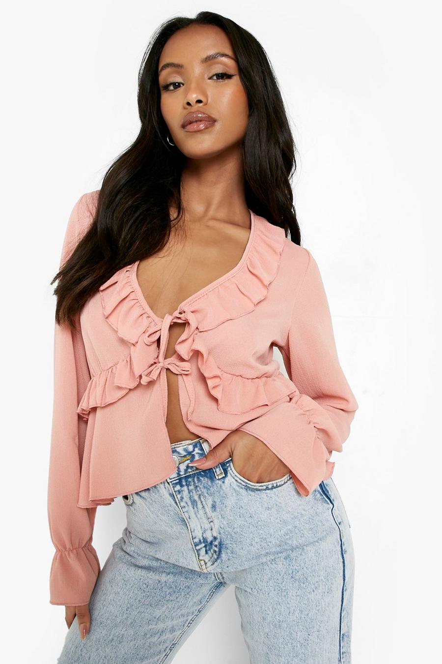 Blush Petite Ruffle Detail Tie Front Blouse image number 1