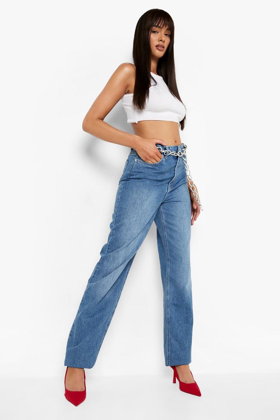 Stonewash Chunky Chain Belted Jeans