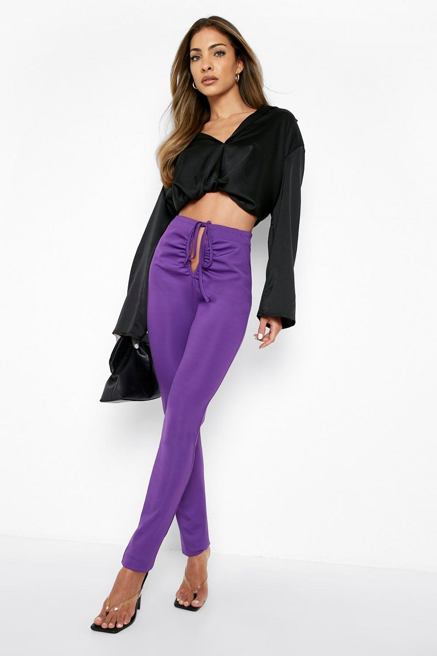Purple Notch Front Ruched Tie Waist Flared Legging image number 1