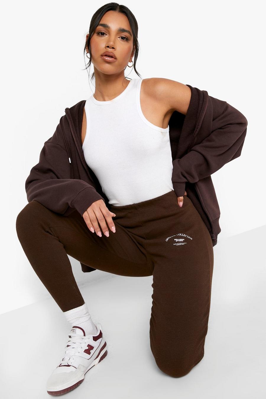 Chocolate brown Thick Rib Official Slogan Ankle Legging image number 1