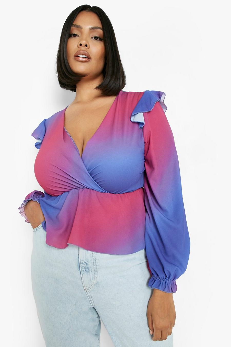 Purple Plus Ombre Frill Detail Peplum Wrap Top image number 1