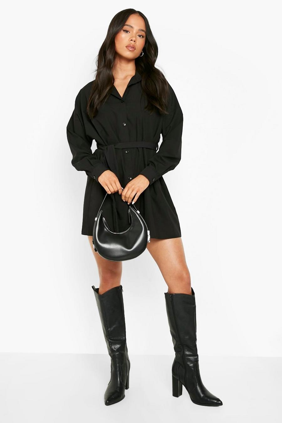 Black Petite Cotton Puff Sleeve Belted Shirt Dress image number 1