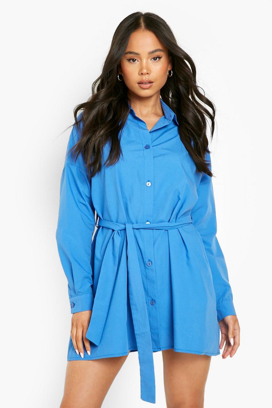 Cobalt blue Petite Cotton Puff Sleeve Belted Shirt Dress