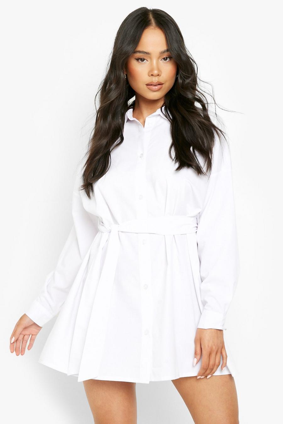 White Petite Cotton Puff Sleeve Belted Shirt Dress image number 1